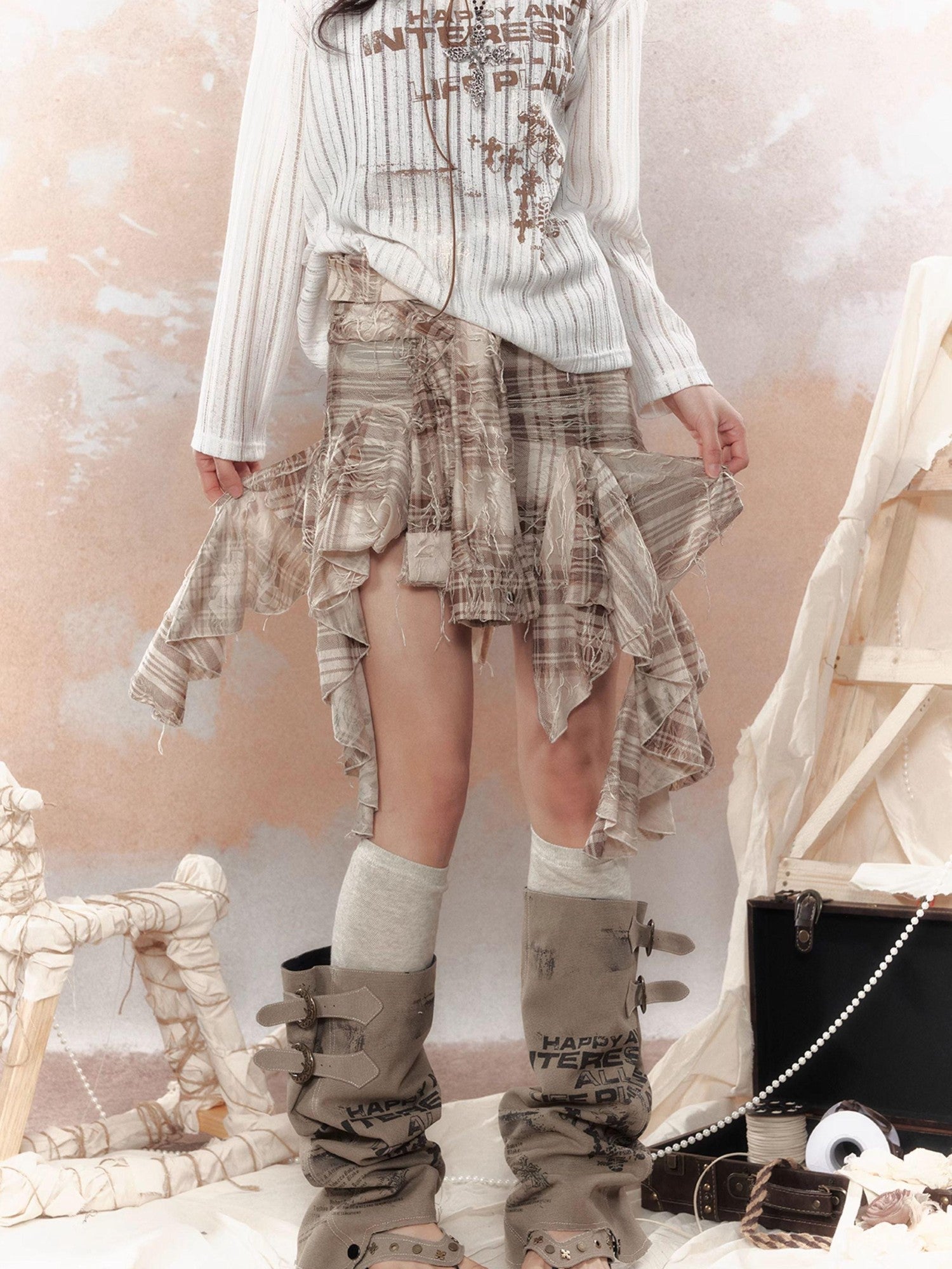 ALL iN plan Plaid Tassel Ruffle Deconstructed Print Women&