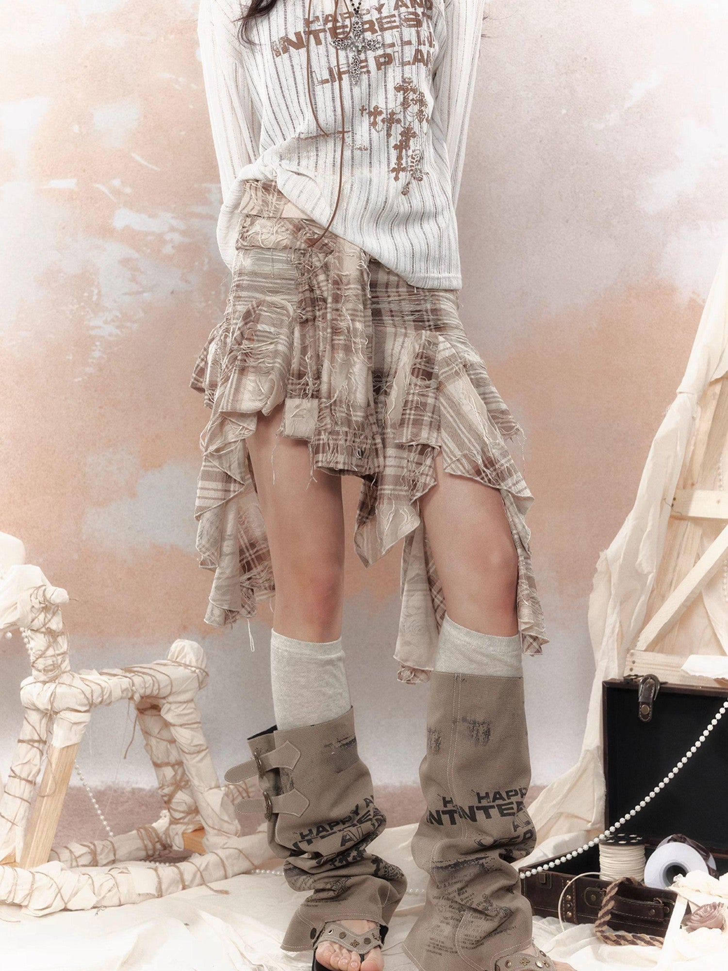 ALL iN plan Plaid Tassel Ruffle Deconstructed Print Women&