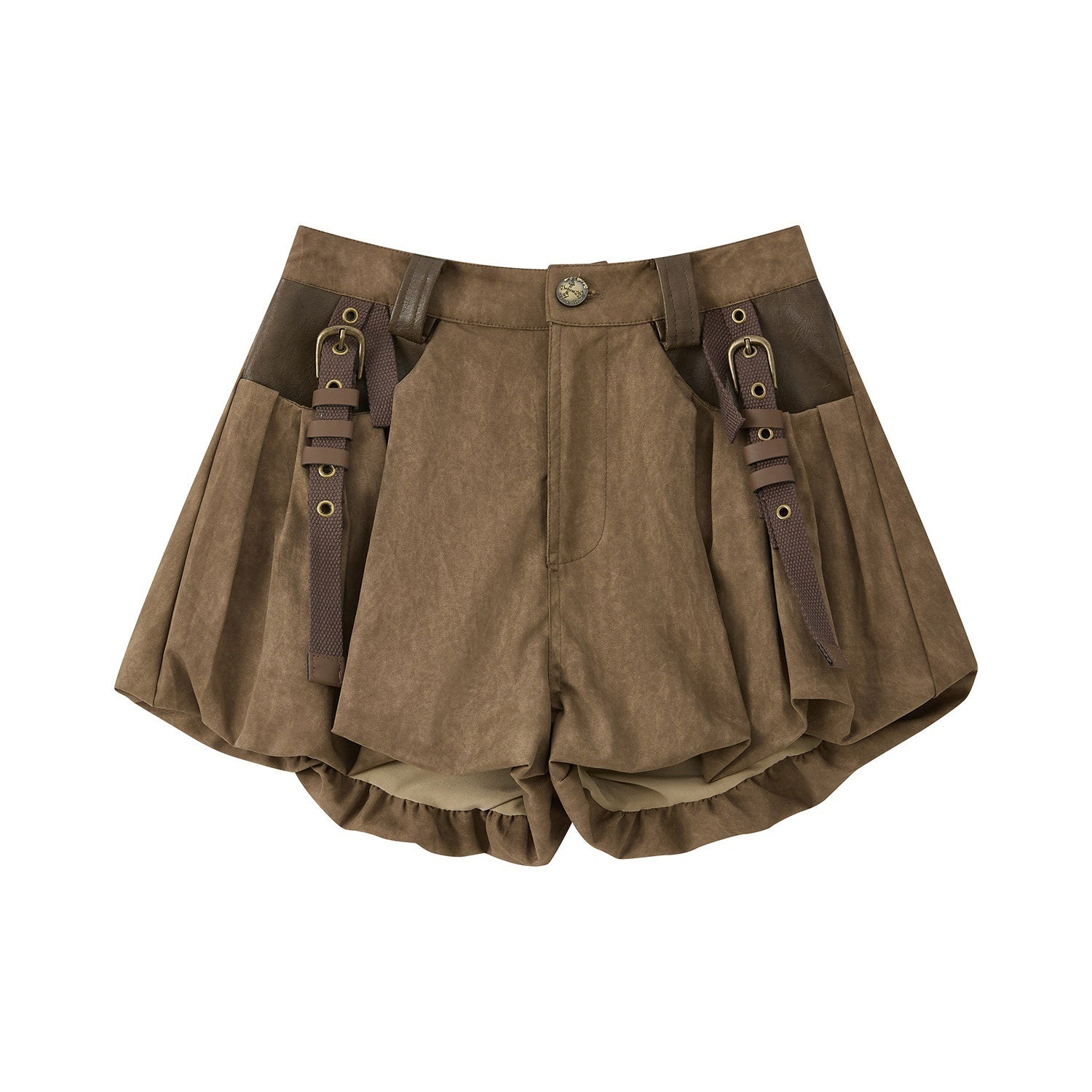 ALL iN plan Pleated High Waist American Cargo Button Fly For Girls Khaki Polyester Hot Pants