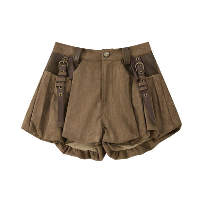 ALL iN plan Pleated High Waist American Cargo Button Fly For Girls Khaki Polyester Hot Pants