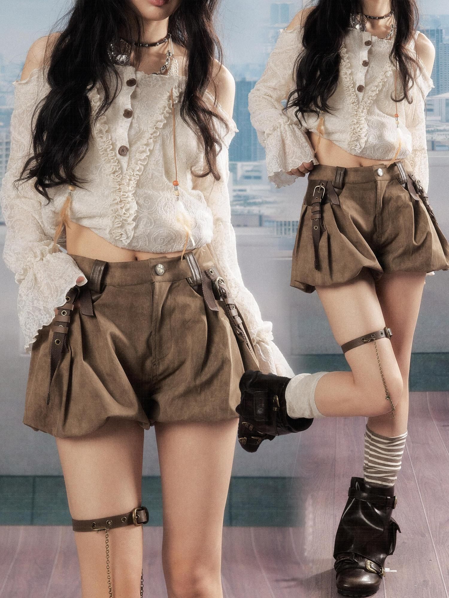 ALL iN plan Pleated High Waist American Cargo Button Fly For Girls Khaki Polyester Hot Pants