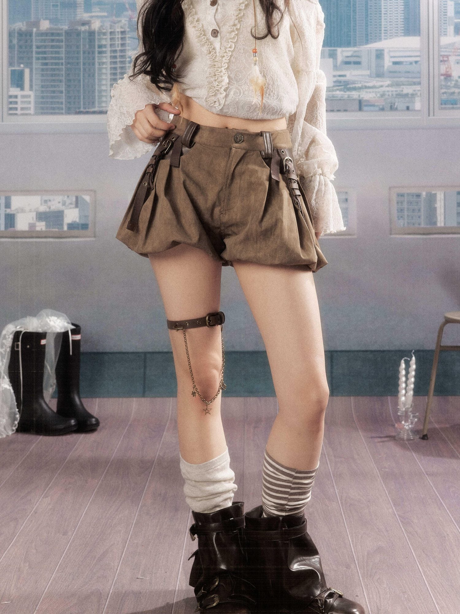 ALL iN plan Pleated High Waist American Cargo Button Fly For Girls Khaki Polyester Hot Pants