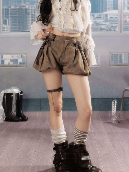 ALL iN plan Pleated High Waist American Cargo Button Fly For Girls Khaki Polyester Hot Pants