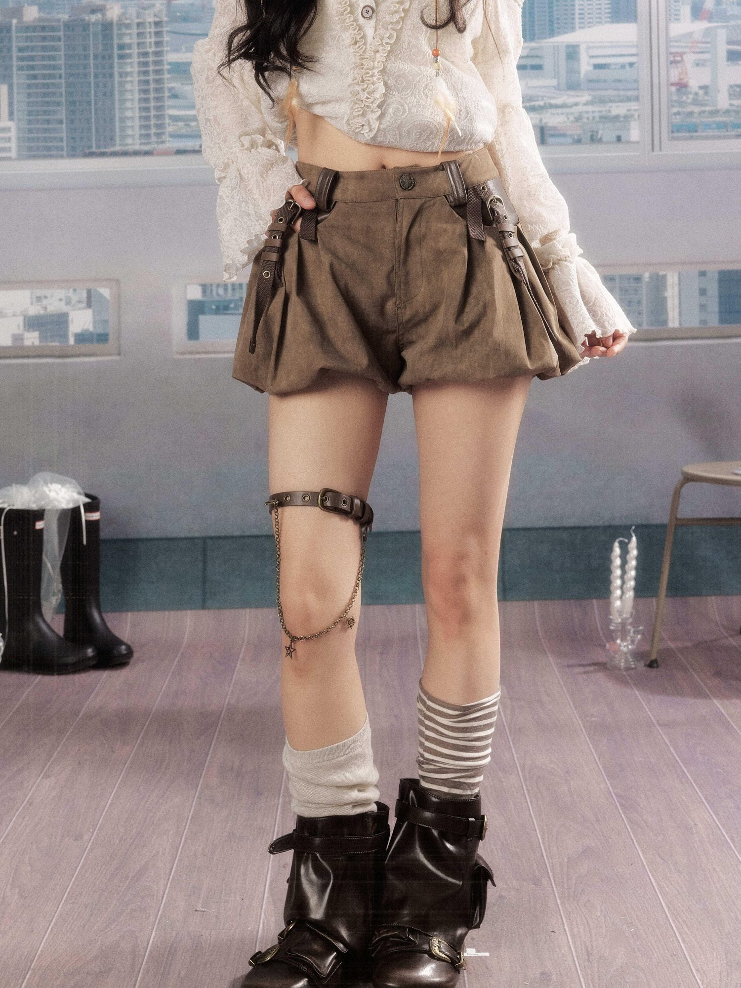 ALL iN plan Pleated High Waist American Cargo Button Fly For Girls Khaki Polyester Hot Pants