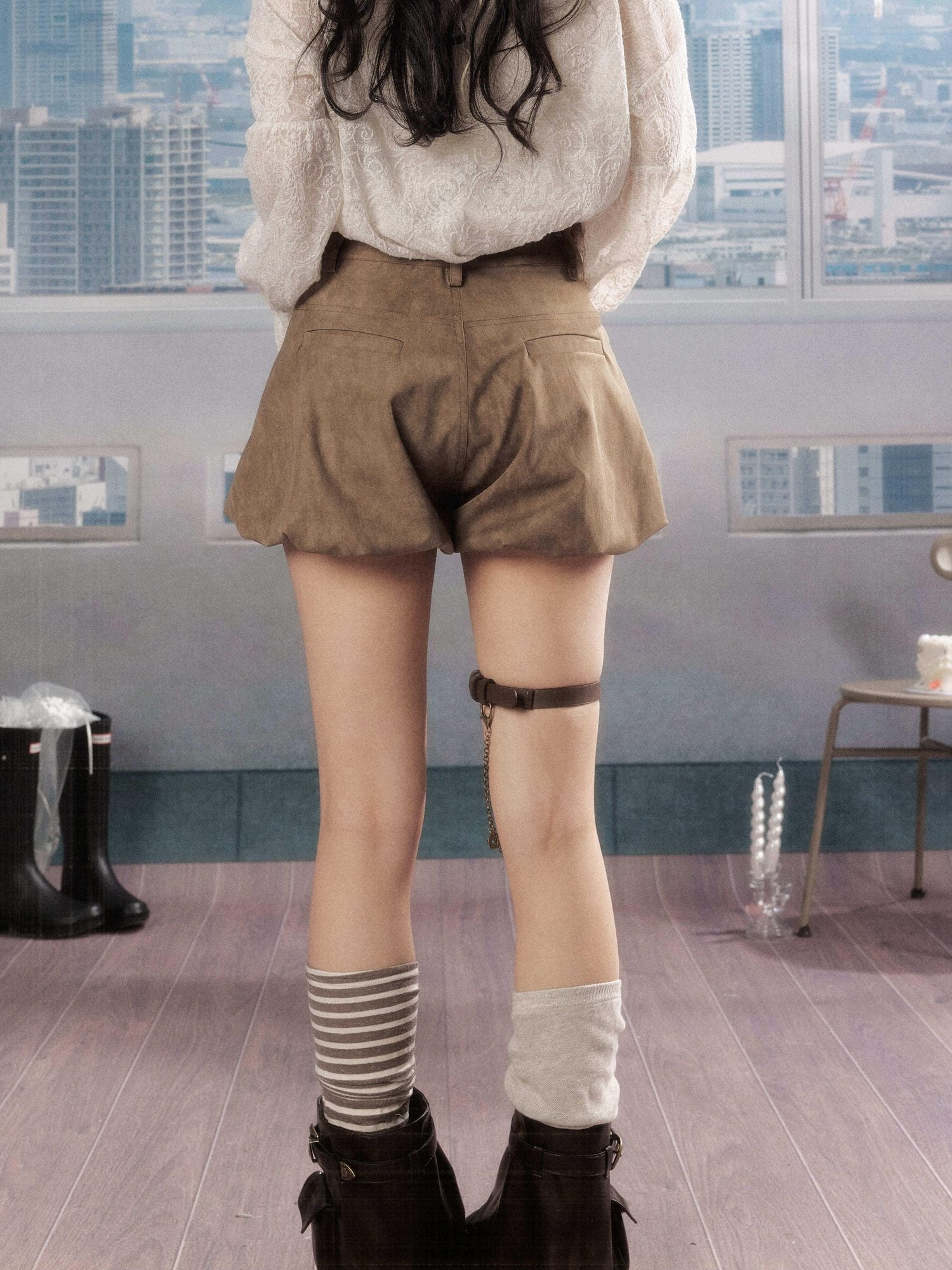 ALL iN plan Pleated High Waist American Cargo Button Fly For Girls Khaki Polyester Hot Pants