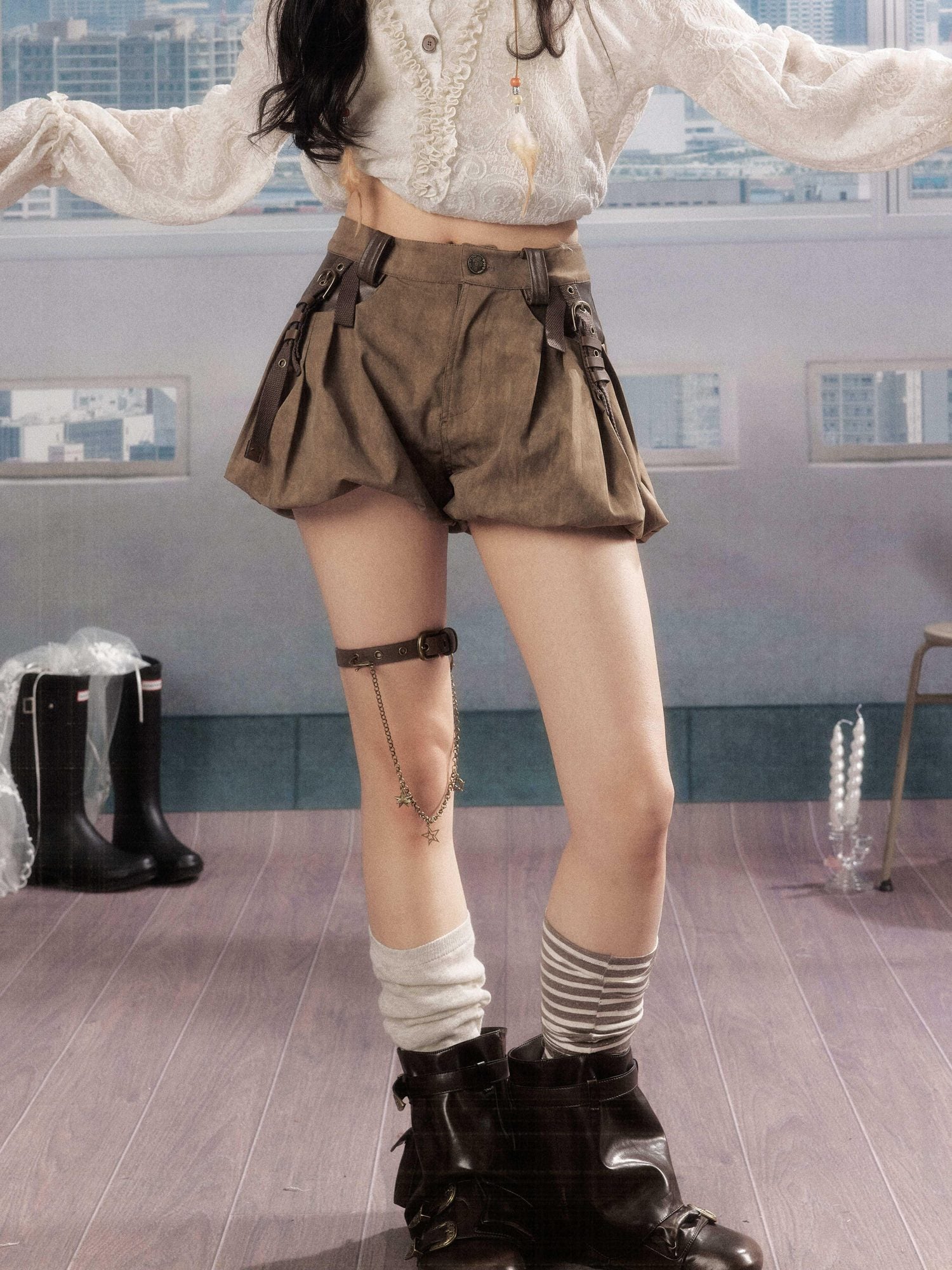 ALL iN plan Pleated High Waist American Cargo Button Fly For Girls Khaki Polyester Hot Pants
