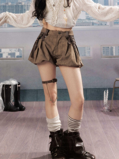 ALL iN plan Pleated High Waist American Cargo Button Fly For Girls Khaki Polyester Hot Pants