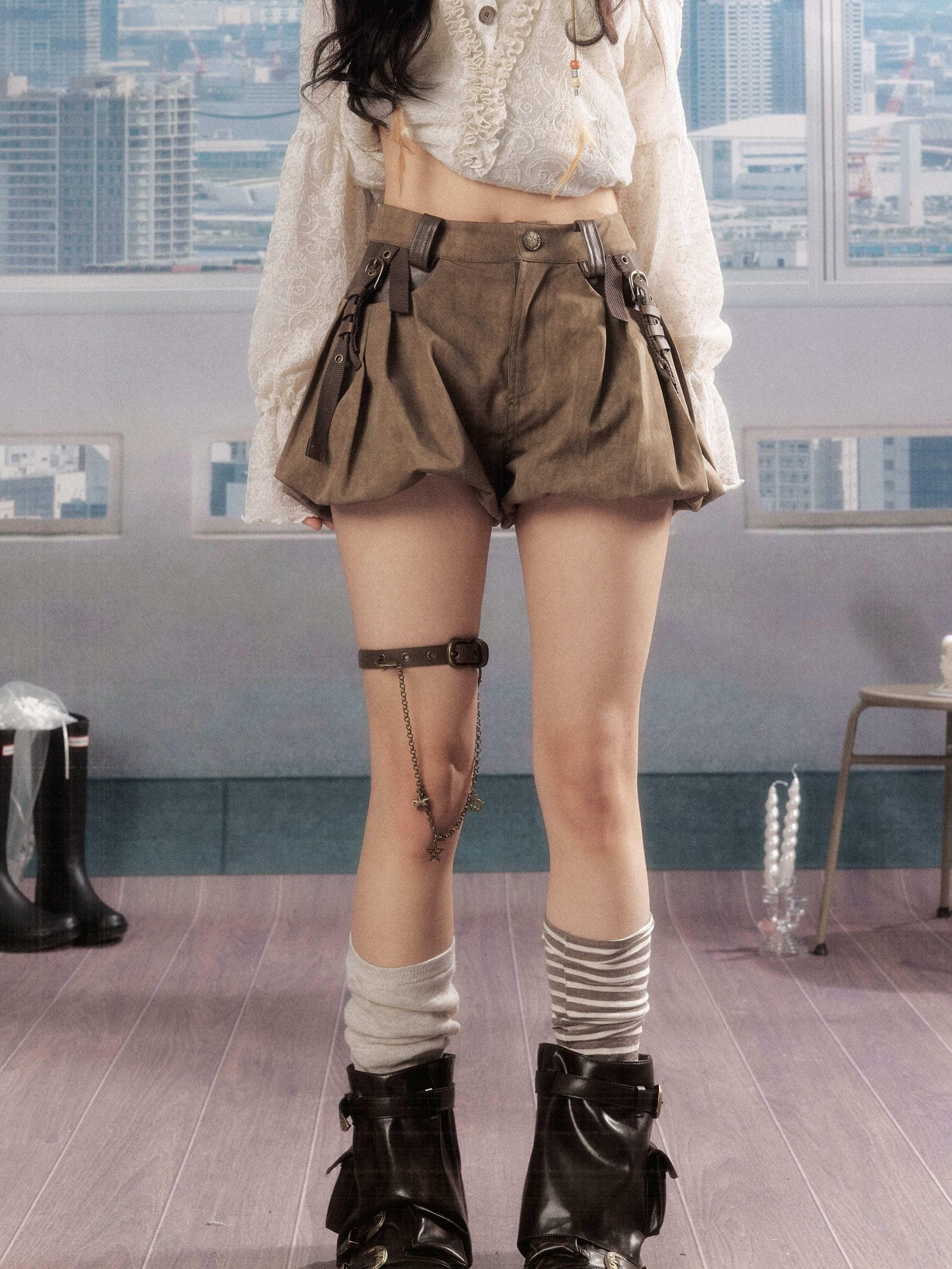 ALL iN plan Pleated High Waist American Cargo Button Fly For Girls Khaki Polyester Hot Pants