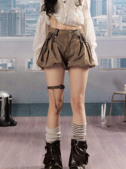 ALL iN plan Pleated High Waist American Cargo Button Fly For Girls Khaki Polyester Hot Pants
