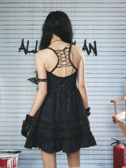 Punk Lace Up Mini Dress with Layered Tulle