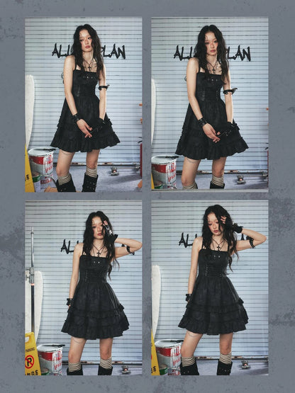 Punk Lace Up Mini Dress with Layered Tulle