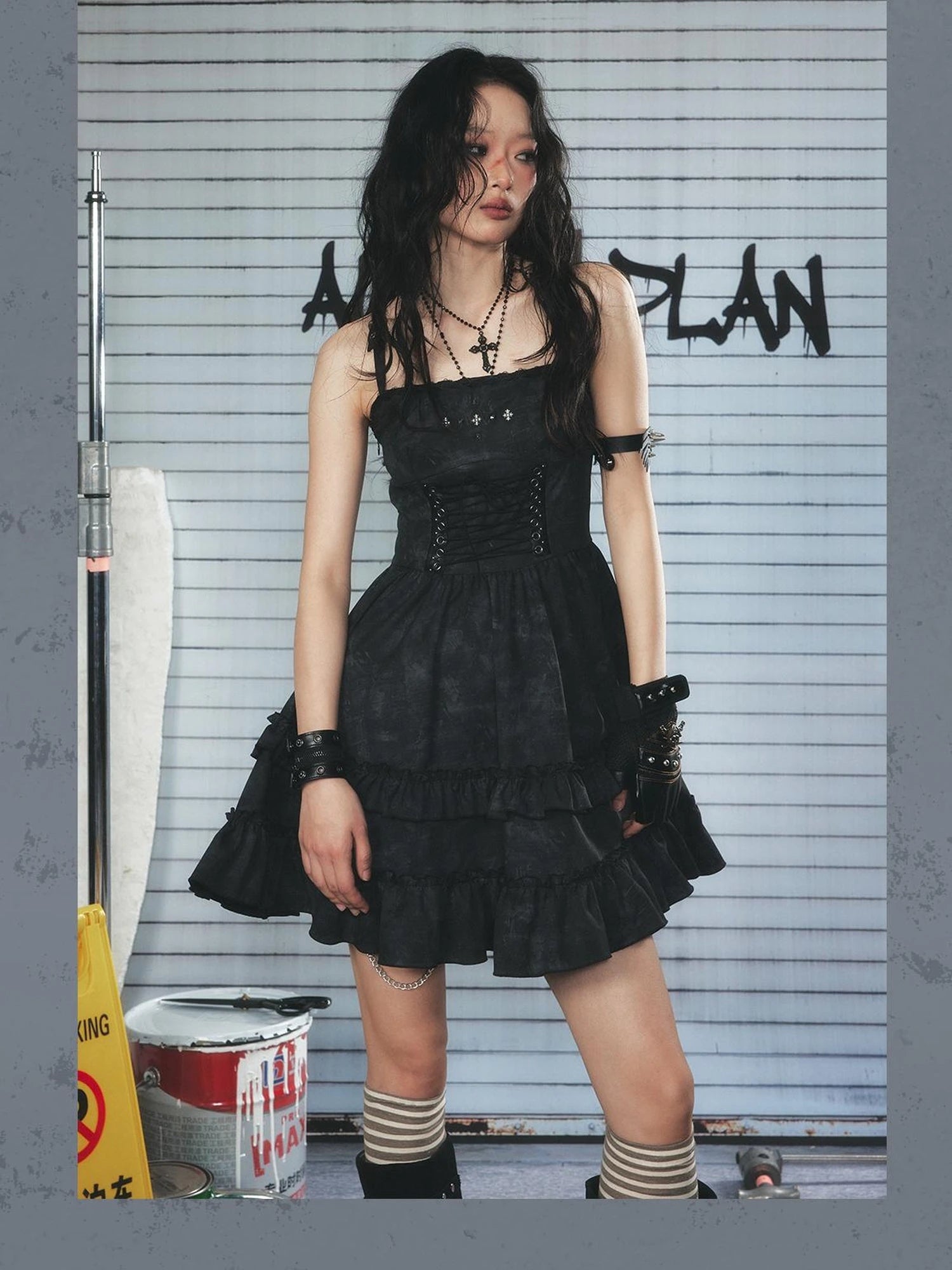 Punk Lace Up Mini Dress with Layered Tulle