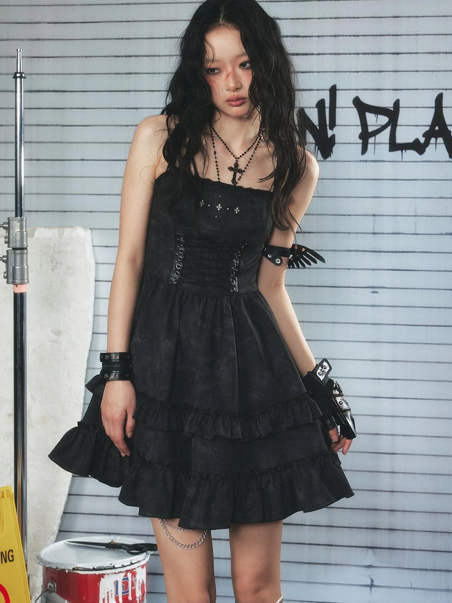 Punk Lace Up Mini Dress with Layered Tulle