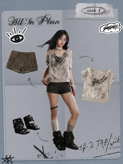 ALL iN plan Punk Ripped High Waist Button Fly Pocket Slim Women&