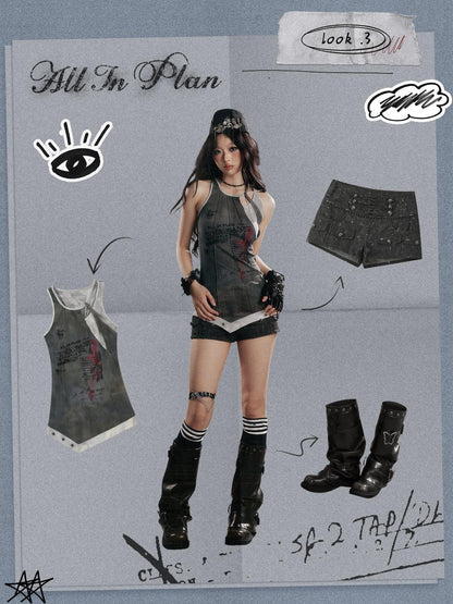 ALL iN plan Punk Ripped High Waist Button Fly Pocket Slim Women&