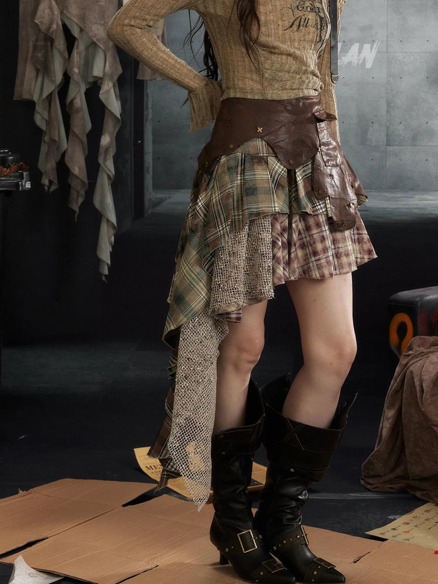 Punk Rock Asymmetrical Plaid Leather Skirt with Ruffle Hem