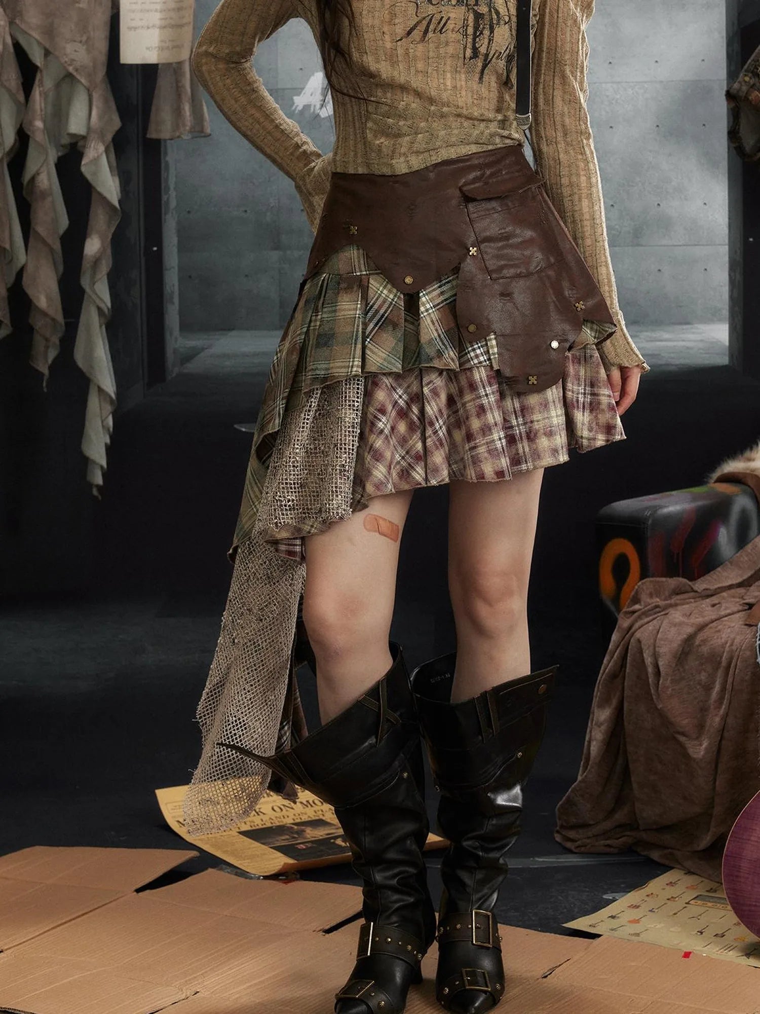 Punk Rock Asymmetrical Plaid Leather Skirt with Ruffle Hem