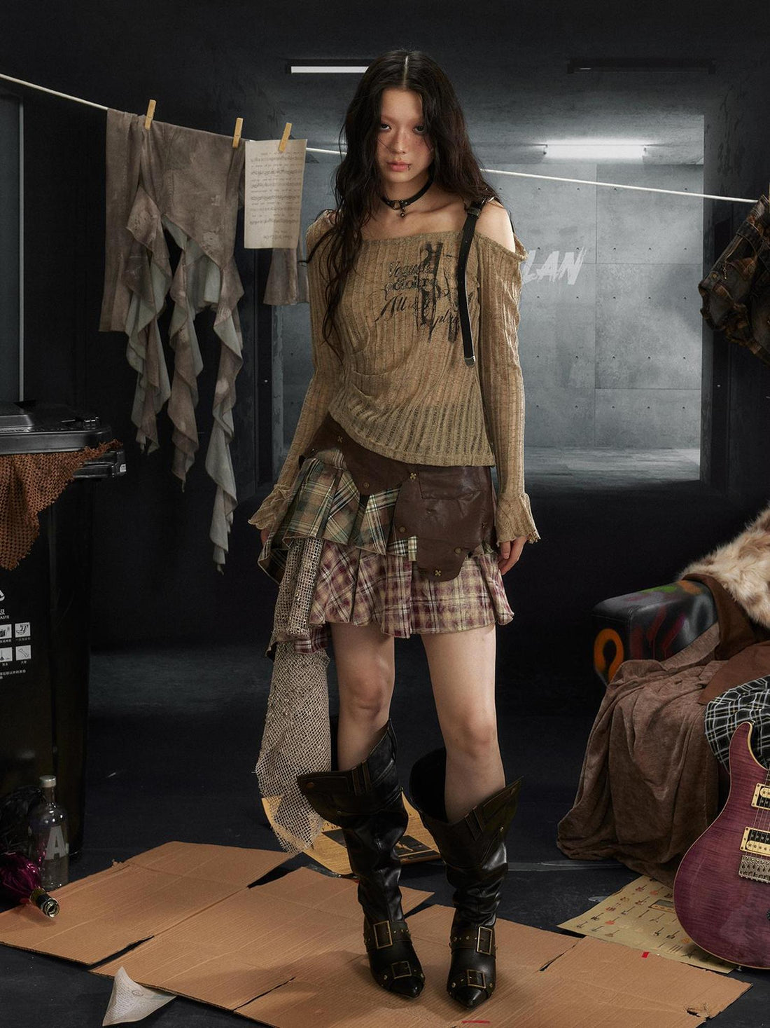 ALL iN plan Punk Rock Asymmetrical Plaid Leather Skirt with Ruffle Hem