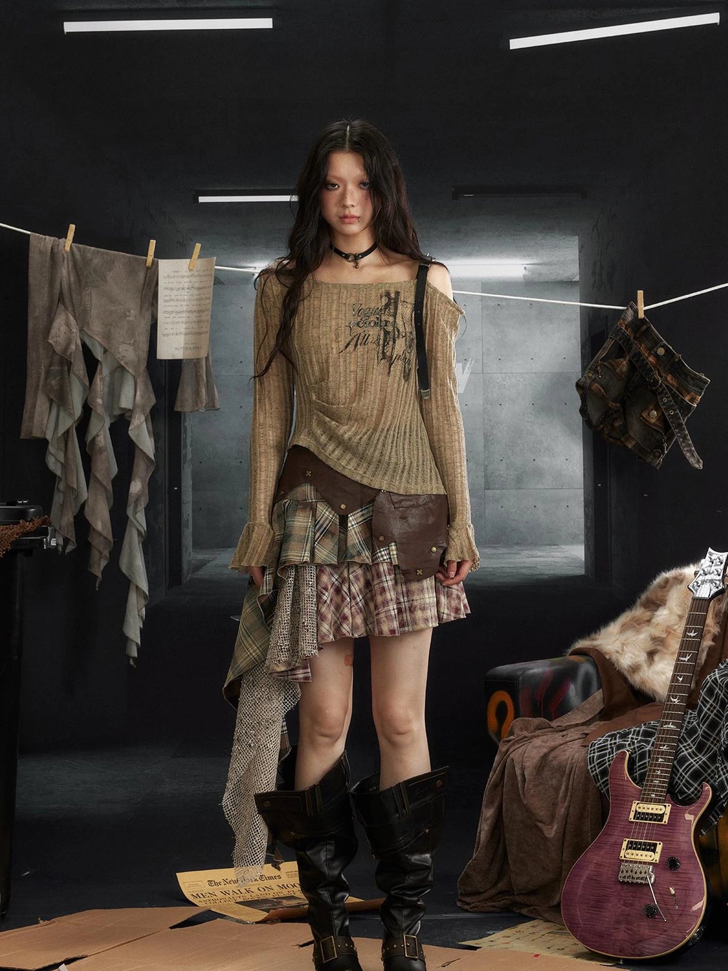 Punk Rock Asymmetrical Plaid Leather Skirt with Ruffle Hem