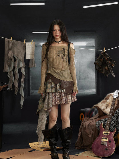 Punk Rock Asymmetrical Plaid Leather Skirt with Ruffle Hem