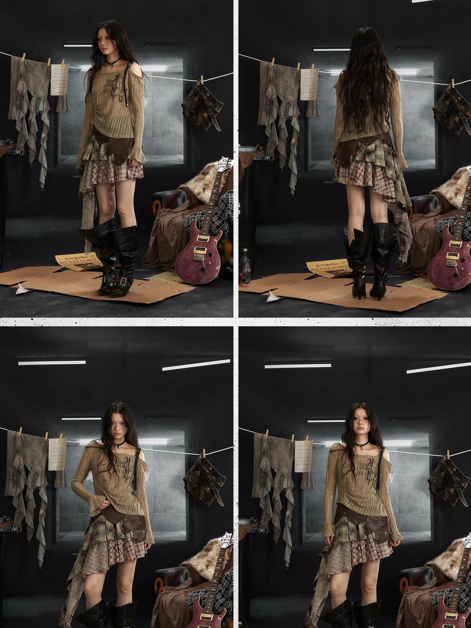 Punk Rock Asymmetrical Plaid Leather Skirt with Ruffle Hem