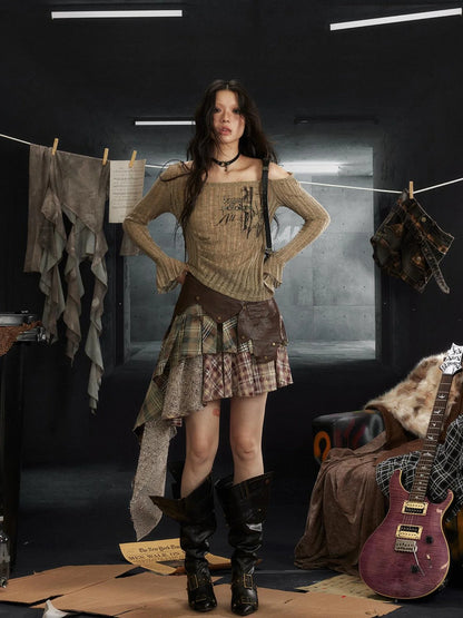 Punk Rock Asymmetrical Plaid Leather Skirt with Ruffle Hem