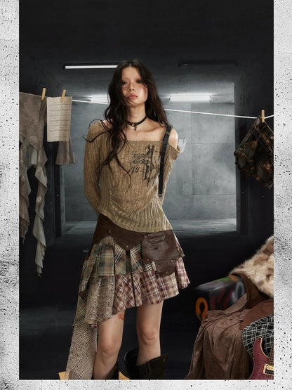 Punk Rock Asymmetrical Plaid Leather Skirt with Ruffle Hem