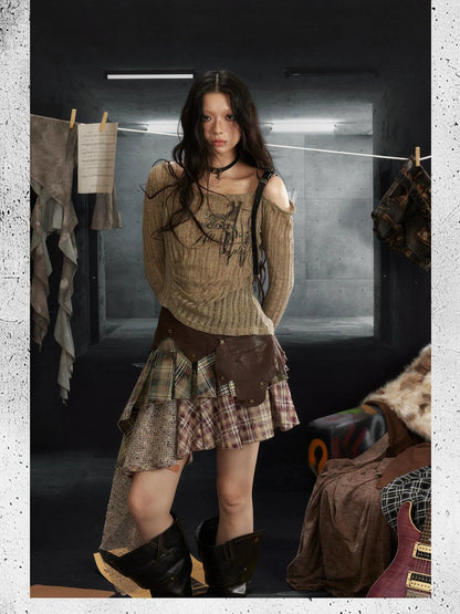 Punk Rock Asymmetrical Plaid Leather Skirt with Ruffle Hem