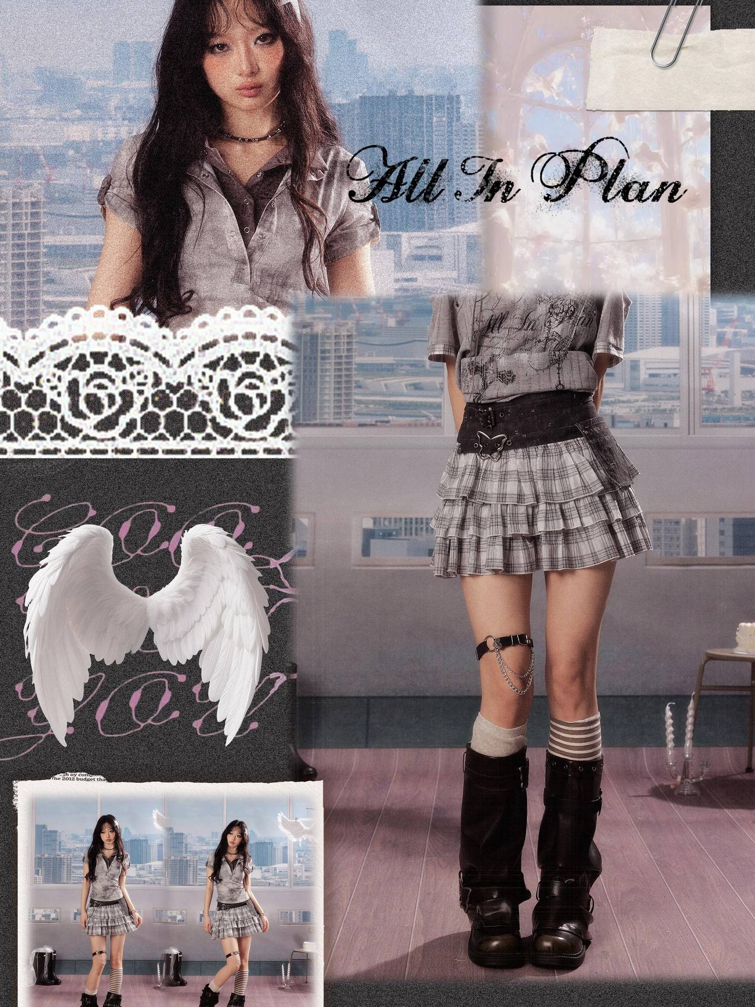 ALL iN plan Pure Cotton Hollowout Slim Mid Waist Cake Tier Women Grey Tiered Skirts