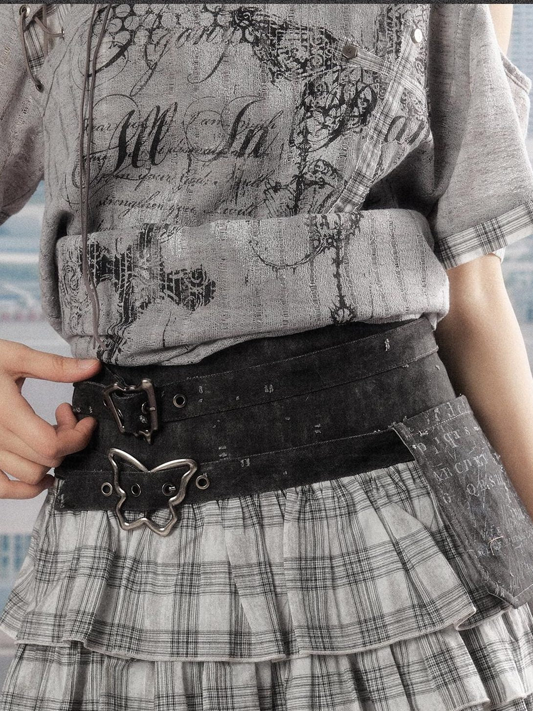 ALL iN plan Pure Cotton Hollowout Slim Mid Waist Cake Tier Women Grey Tiered Skirts