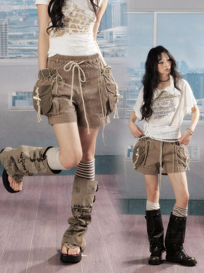 ALL iN plan Pure Cotton Lightweight American Cargo Natural Waist Women Khaki Hot Pants