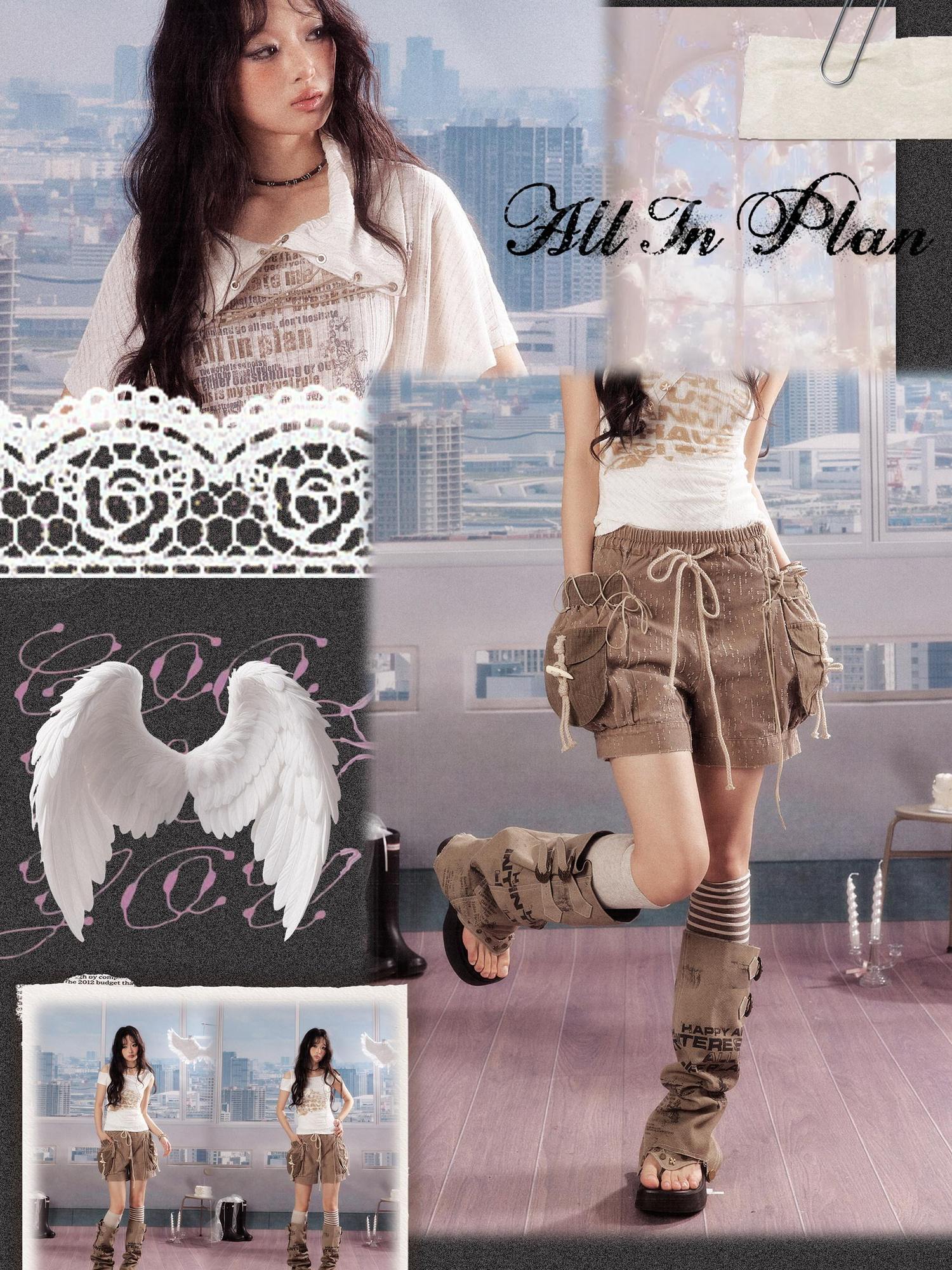 ALL iN plan Pure Cotton Lightweight American Cargo Natural Waist Women Khaki Hot Pants