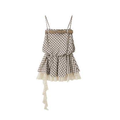 ALL iN plan Recycled Polyester Puff Skirt Spaghetti Strap Loose Khaki Slip Mini Dresses