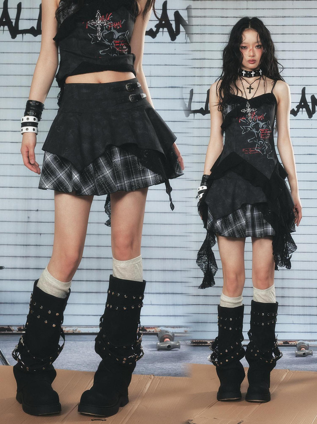 ALL iN plan Resonant 89Hz Punk Lace Grid Denim Mini Skirt