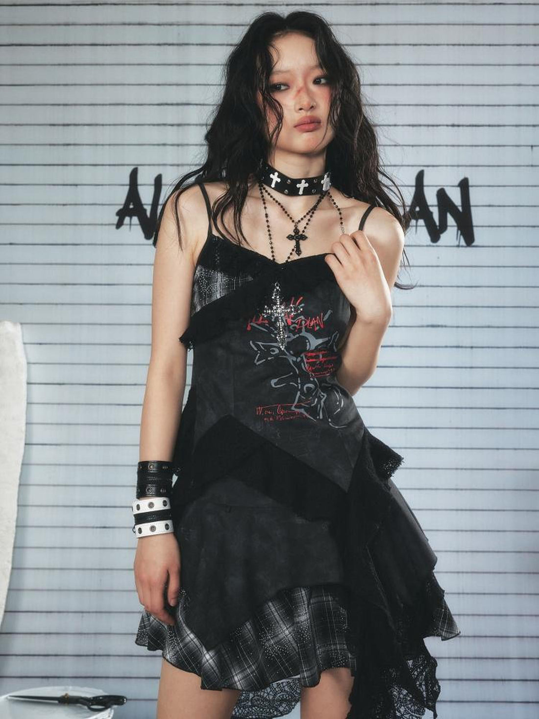 ALL iN plan Resonant 89Hz Punk Lace Grid Denim Mini Skirt
