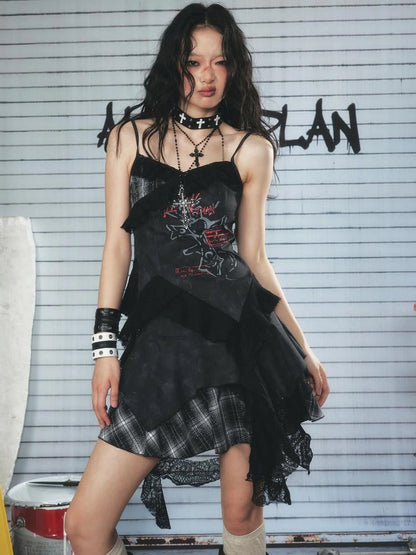 Resonant 89Hz Punk Lace Grid Denim Mini Skirt