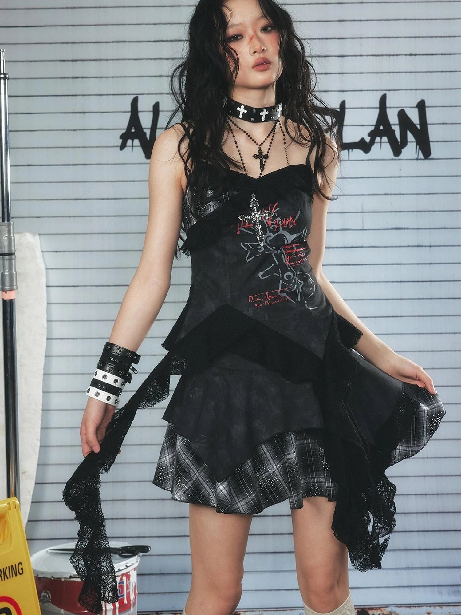 Resonant 89Hz Punk Lace Grid Denim Mini Skirt