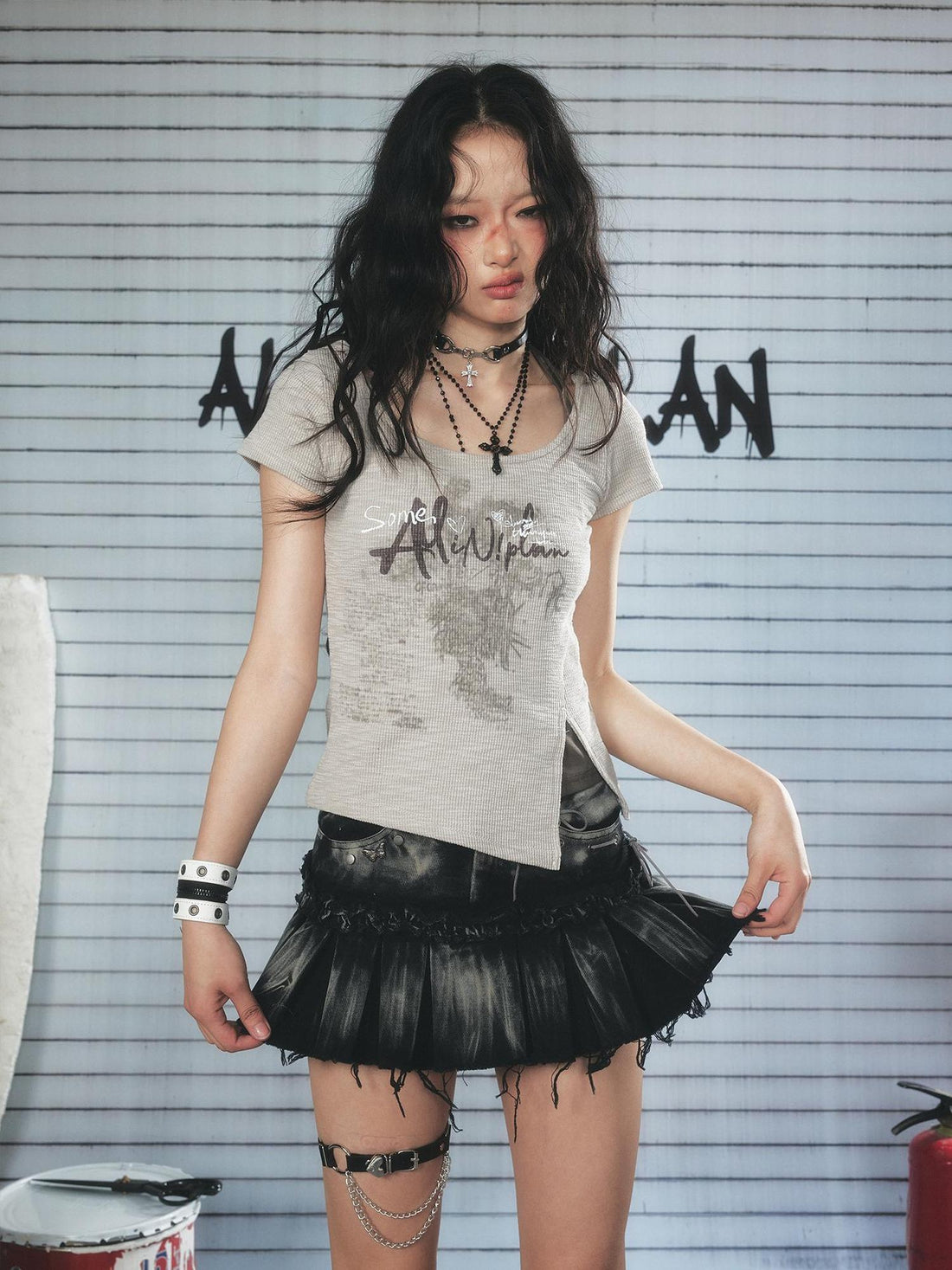 ALL iN plan Resonant Edge 89hz Punk Welded Denim Mini Skirt