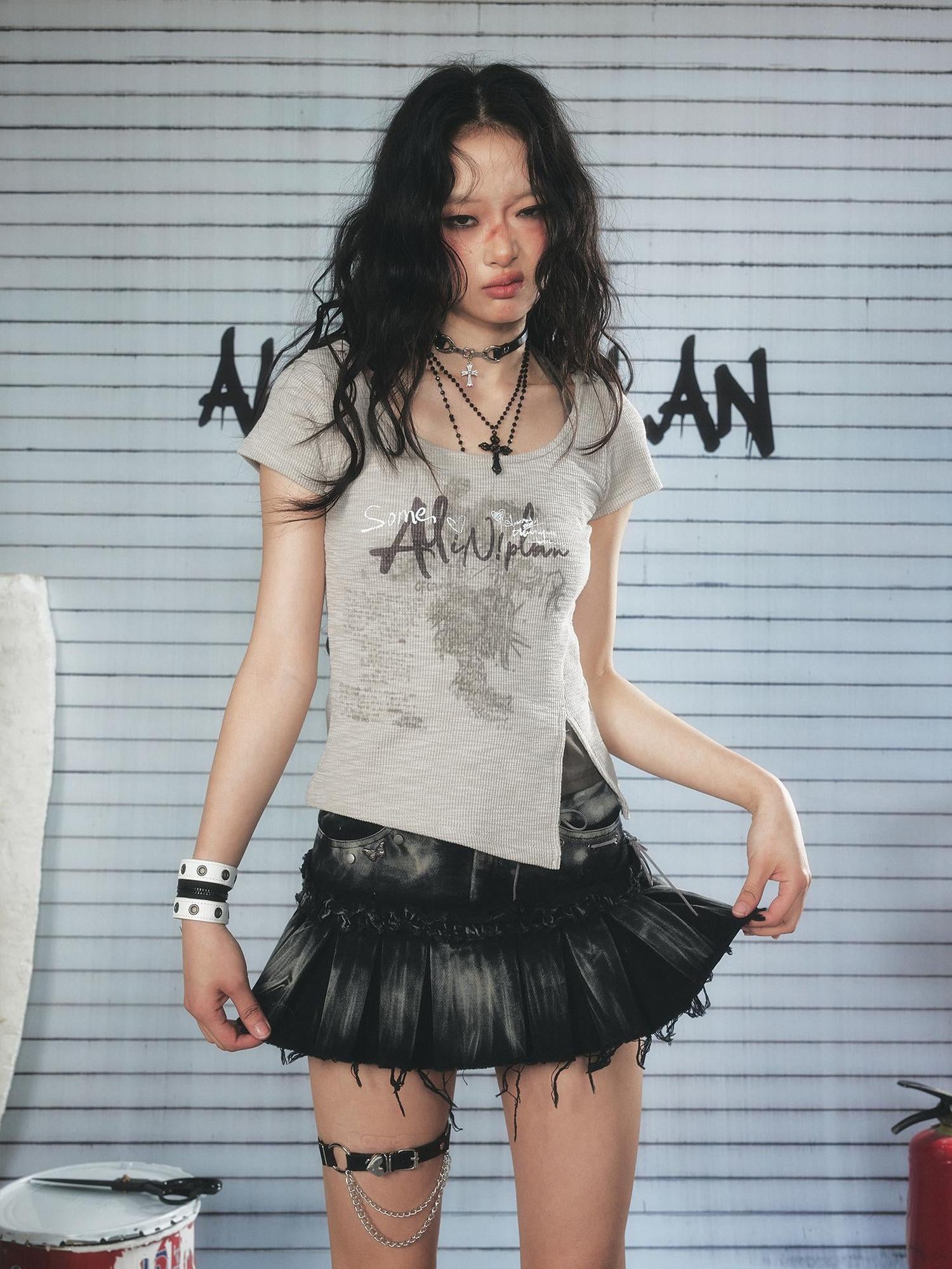 ALL iN plan Resonant Edge 89hz Punk Welded Denim Mini Skirt