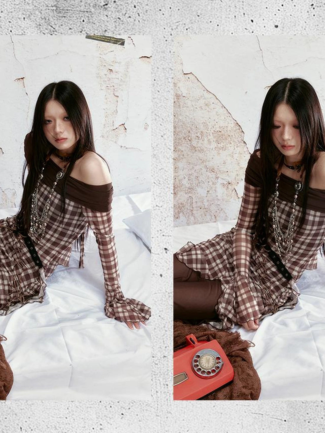 Retro Check Print Mesh Off Shoulder Dress