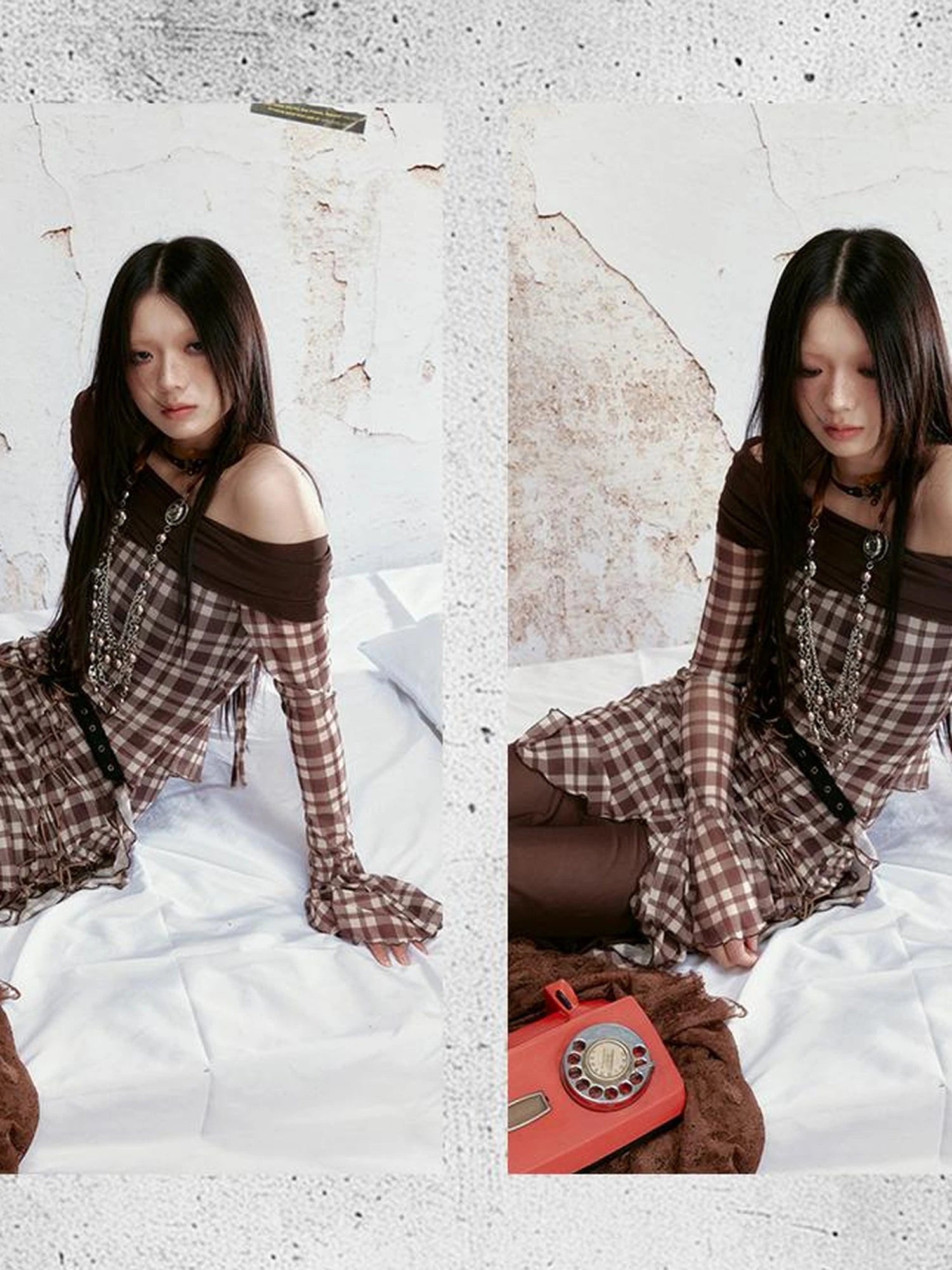 Retro Check Print Mesh Off Shoulder Dress