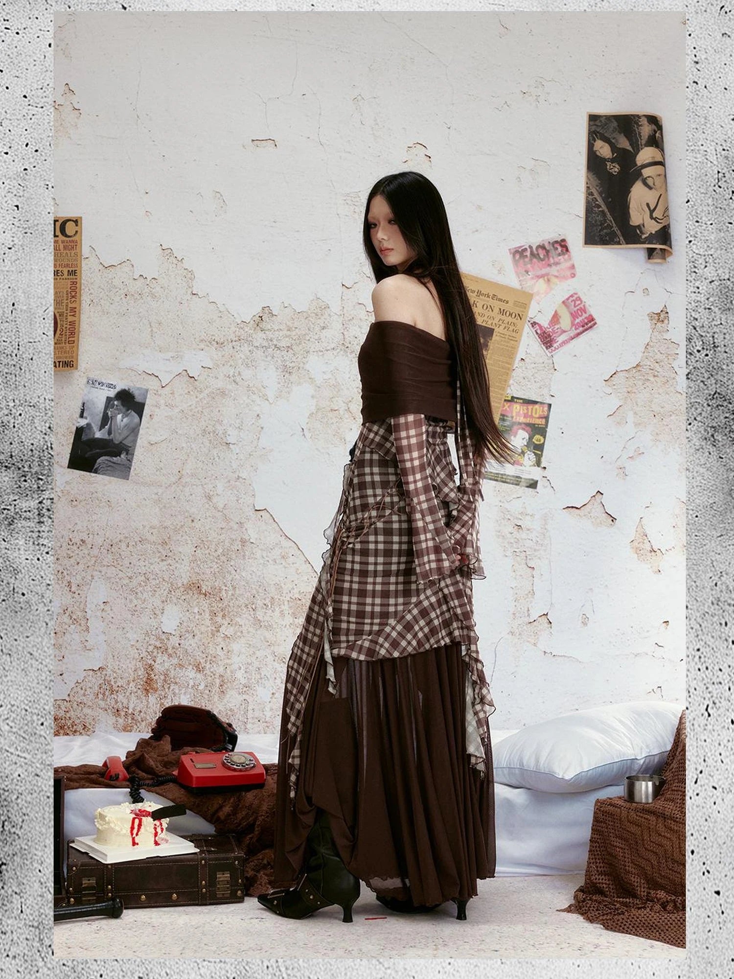 Retro Check Print Mesh Off Shoulder Dress