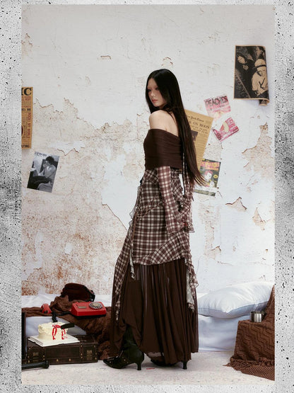 Retro Check Print Mesh Off Shoulder Dress