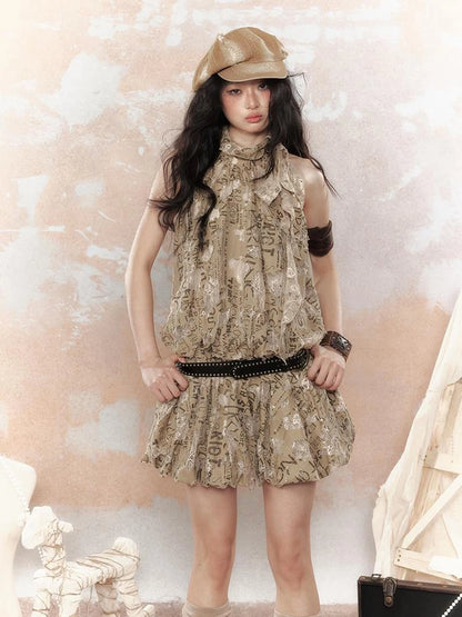 Rivet Lace Cutout Bustier Mini Dress V-Neck T-Shirt Long-Sleeve