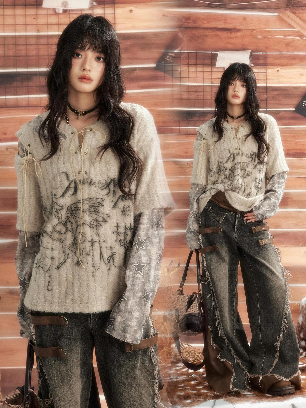 ALL iN plan Round Neck Solid Faux Layered Loose Long Sleeve Women&