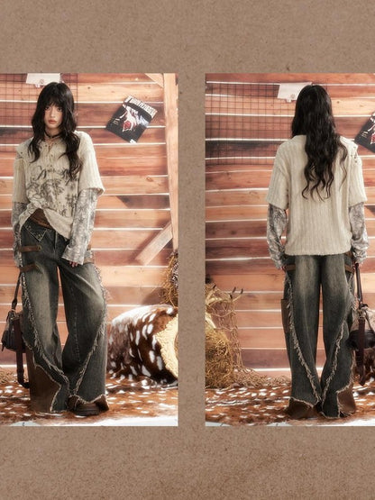 ALL iN plan Round Neck Solid Faux Layered Loose Long Sleeve Women&