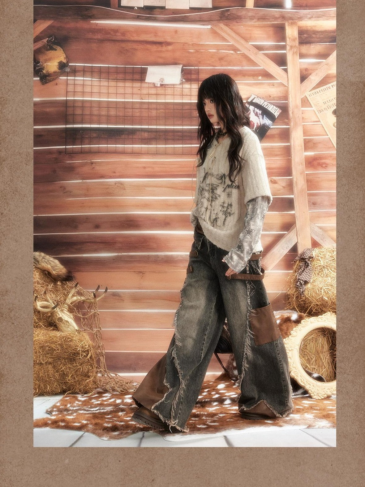 ALL iN plan Round Neck Solid Faux Layered Loose Long Sleeve Women&