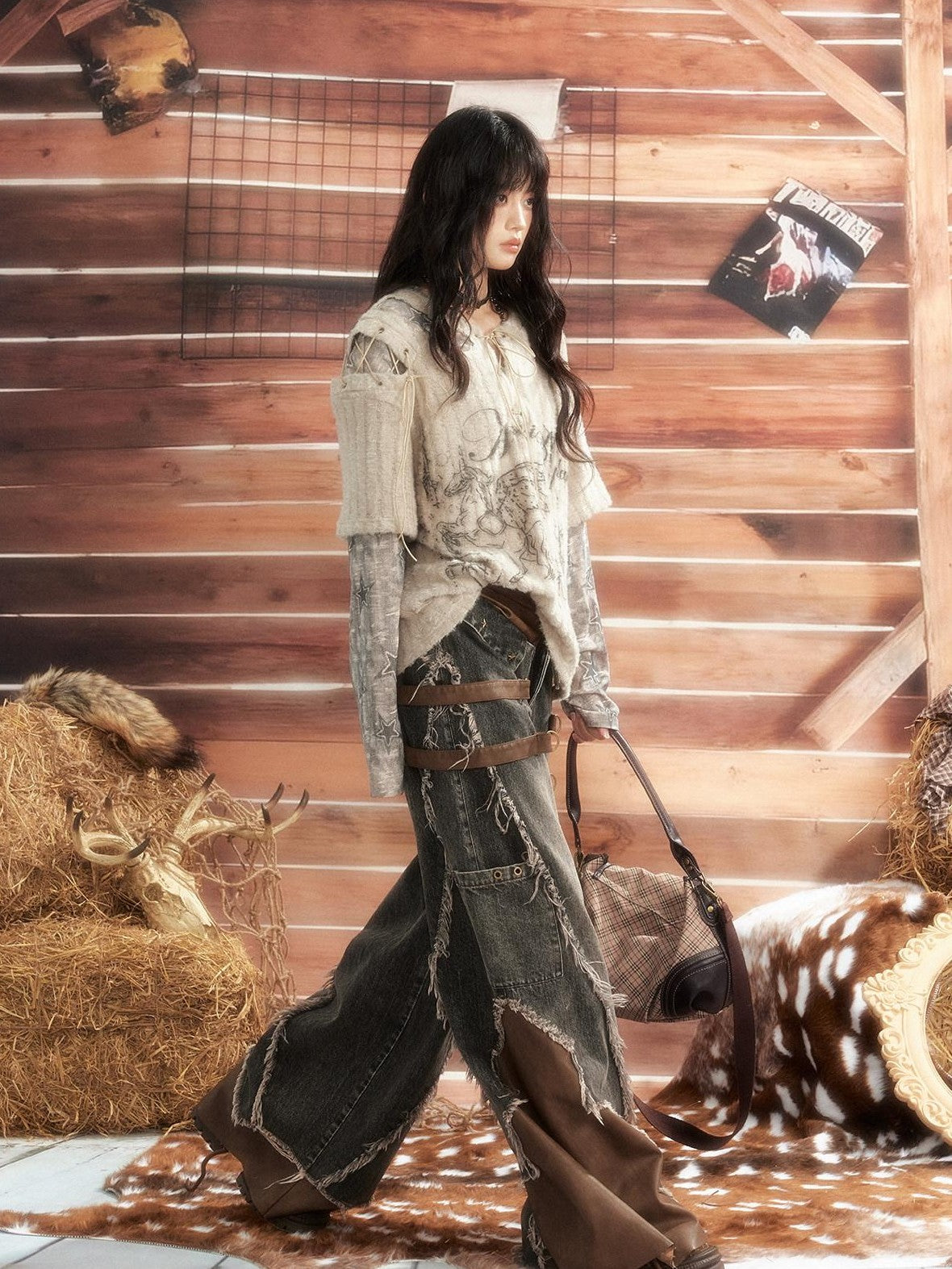 ALL iN plan Round Neck Solid Faux Layered Loose Long Sleeve Women&