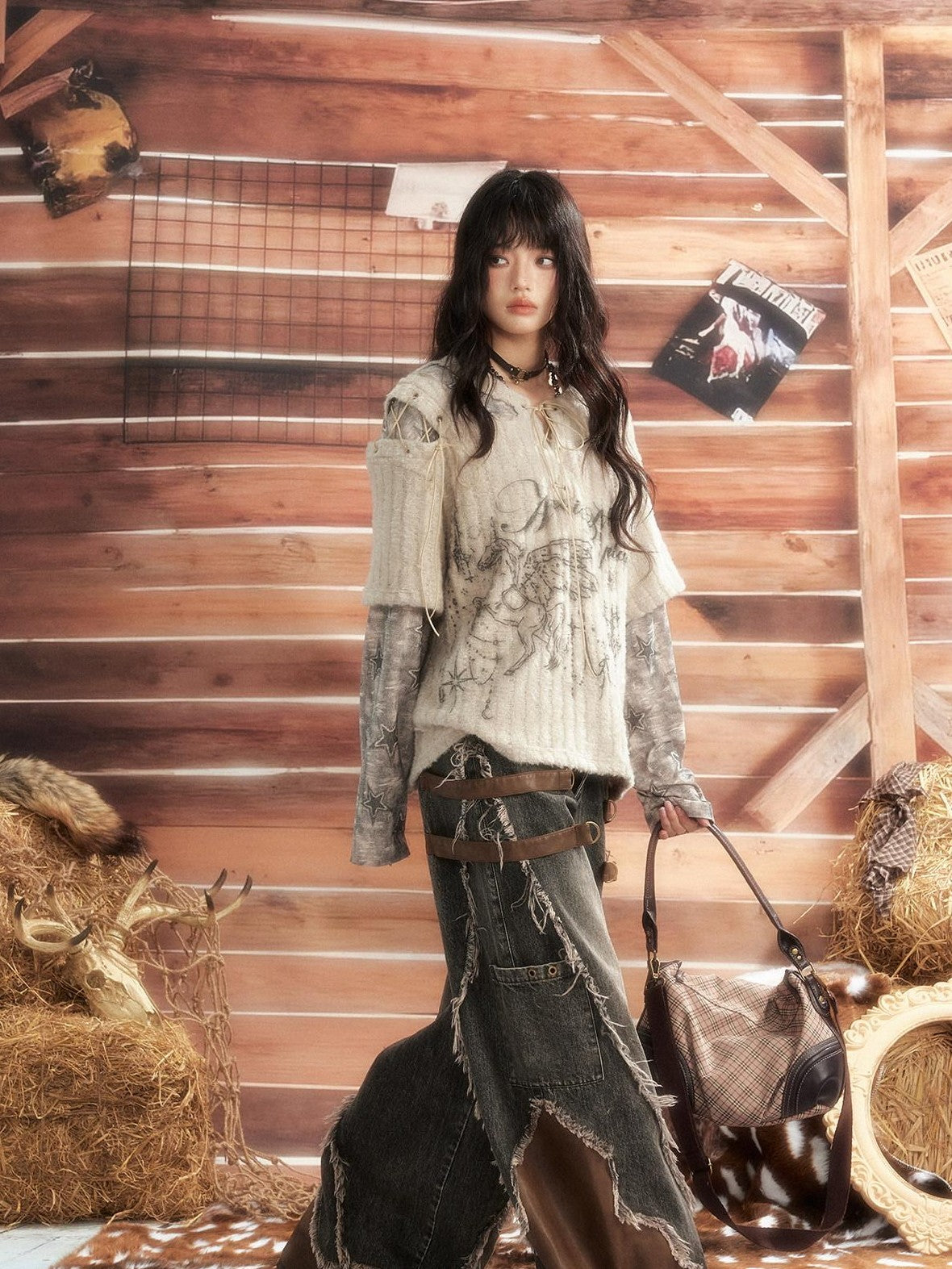 ALL iN plan Round Neck Solid Faux Layered Loose Long Sleeve Women&