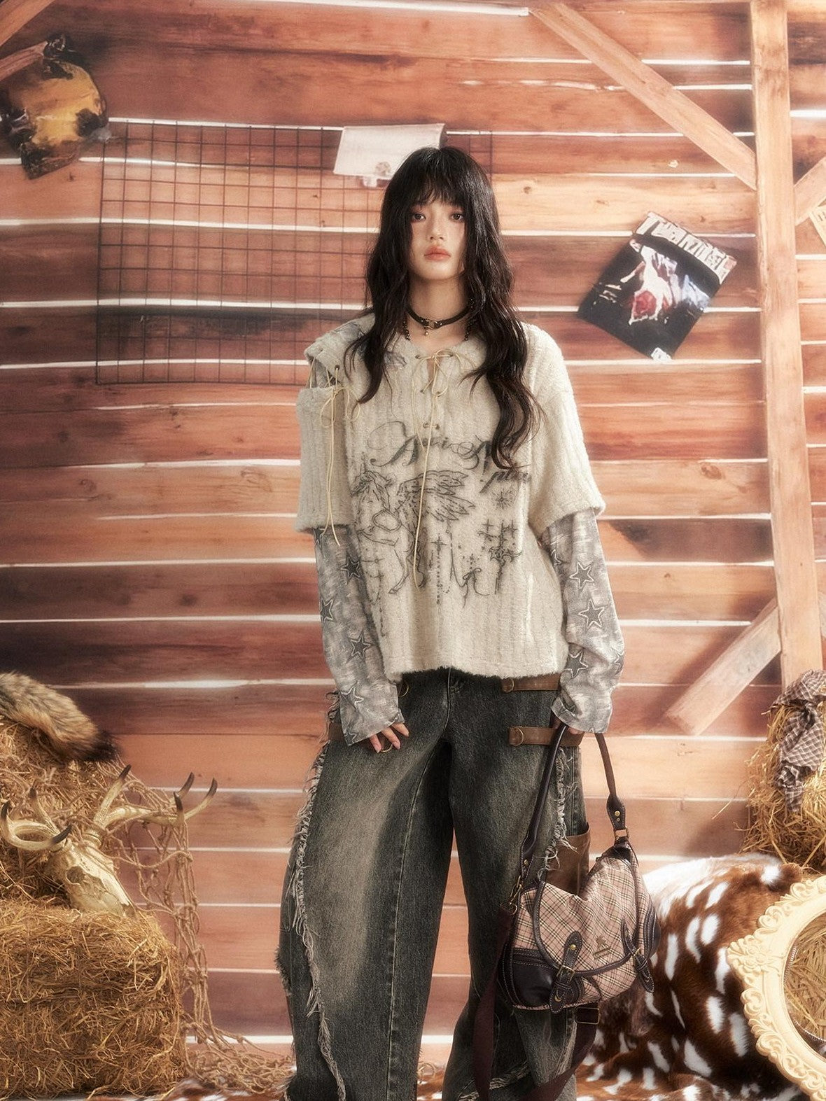 ALL iN plan Round Neck Solid Faux Layered Loose Long Sleeve Women&